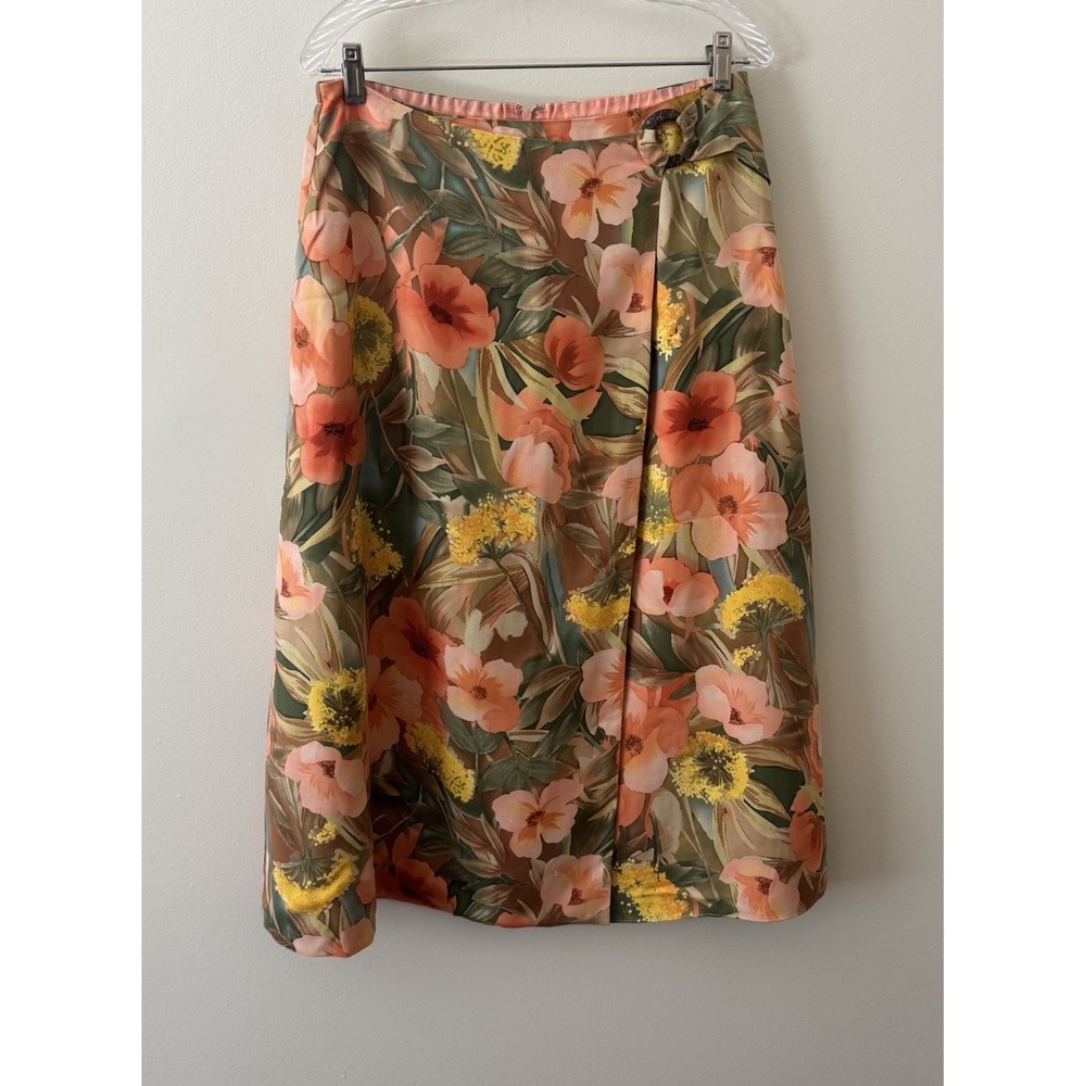 Coldwater Creek 100% Silk Faux Wrap Skirt Size PM Peach Green Floral Lined Midi